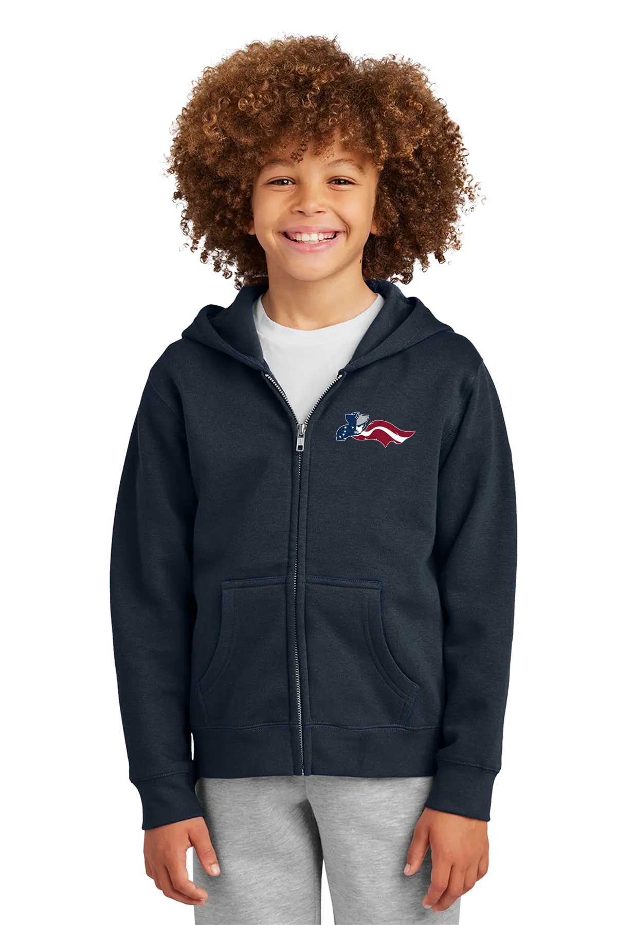 Child wearing a navy blue hoodie with a logo on a white background. Paper Street Print Co, Blairstown, NJ.