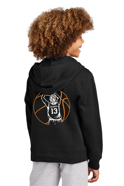 Person wearing a black hoodie with a basketball design on the back, standing against a white background. Paper Street Print Co, Blairstown, NJ.