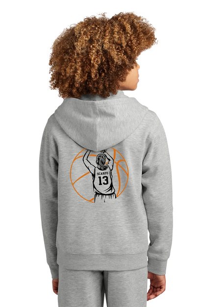 Child wearing a gray hoodie with a basketball player graphic on the back, on a white background. Paper Street Print Co, Blairstown, NJ.