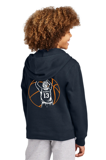 Person wearing a navy blue hoodie with a basketball design on the back, on a white background. Paper Street Print Co, Blairstown, NJ.