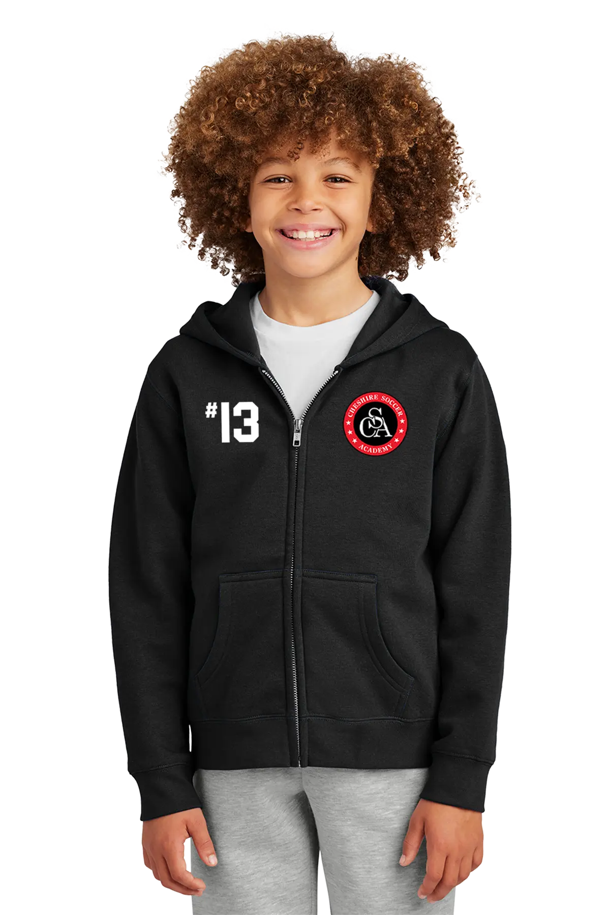 Child wearing a black hoodie with a logo and number on a white background. Paper Street Print Co, Blairstown, NJ.
