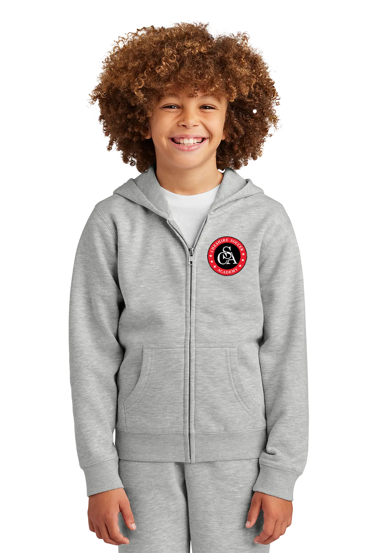 Child wearing a gray hoodie with a logo on a white background. Paper Street Print Co, Blairstown, NJ.