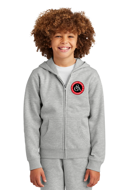 Child wearing a gray hoodie with a logo on a white background. Paper Street Print Co, Blairstown, NJ.