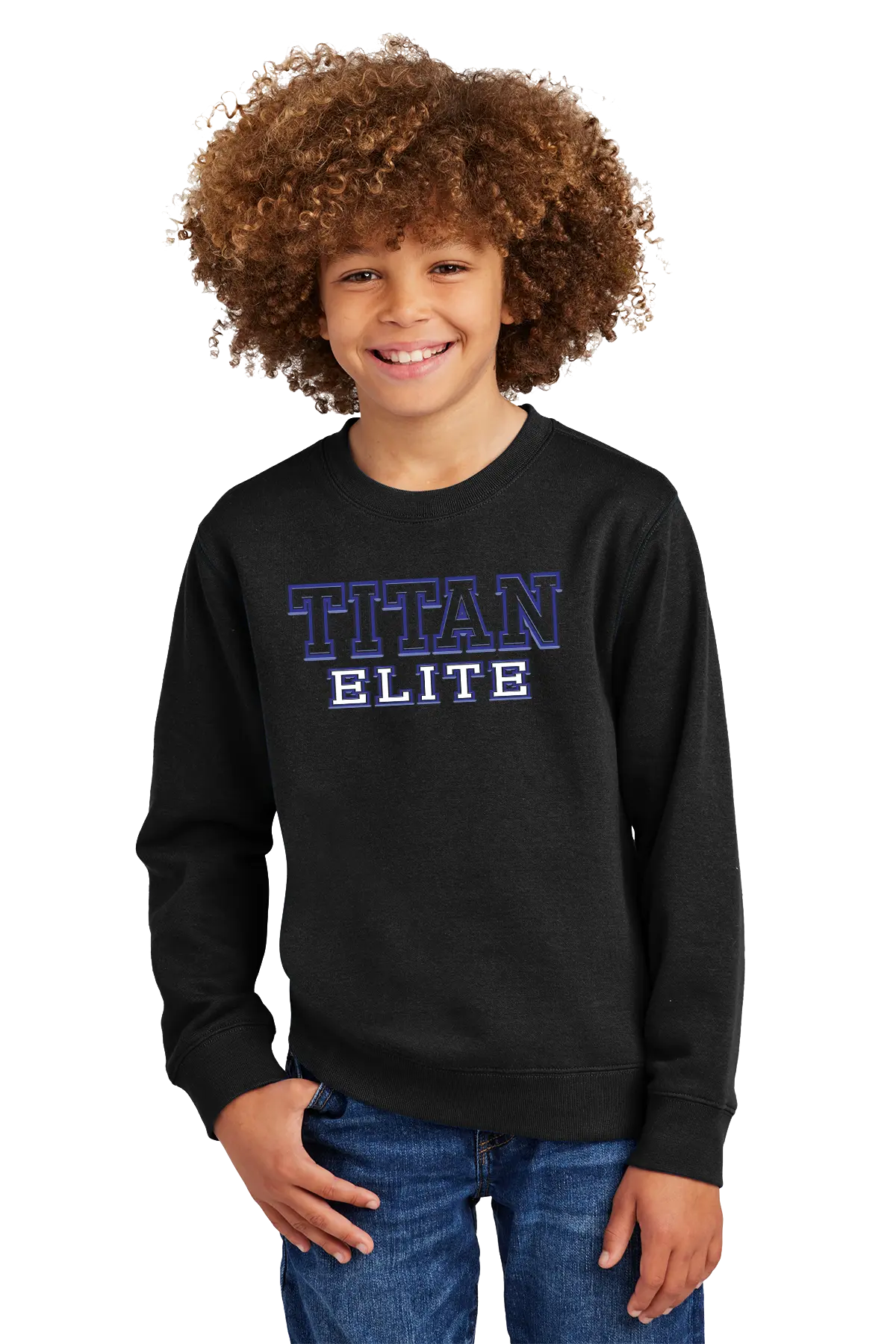 Child wearing a black sweatshirt with 'Titan Elite' text on a white background. Paper Street Print Co, Blairstown, NJ.