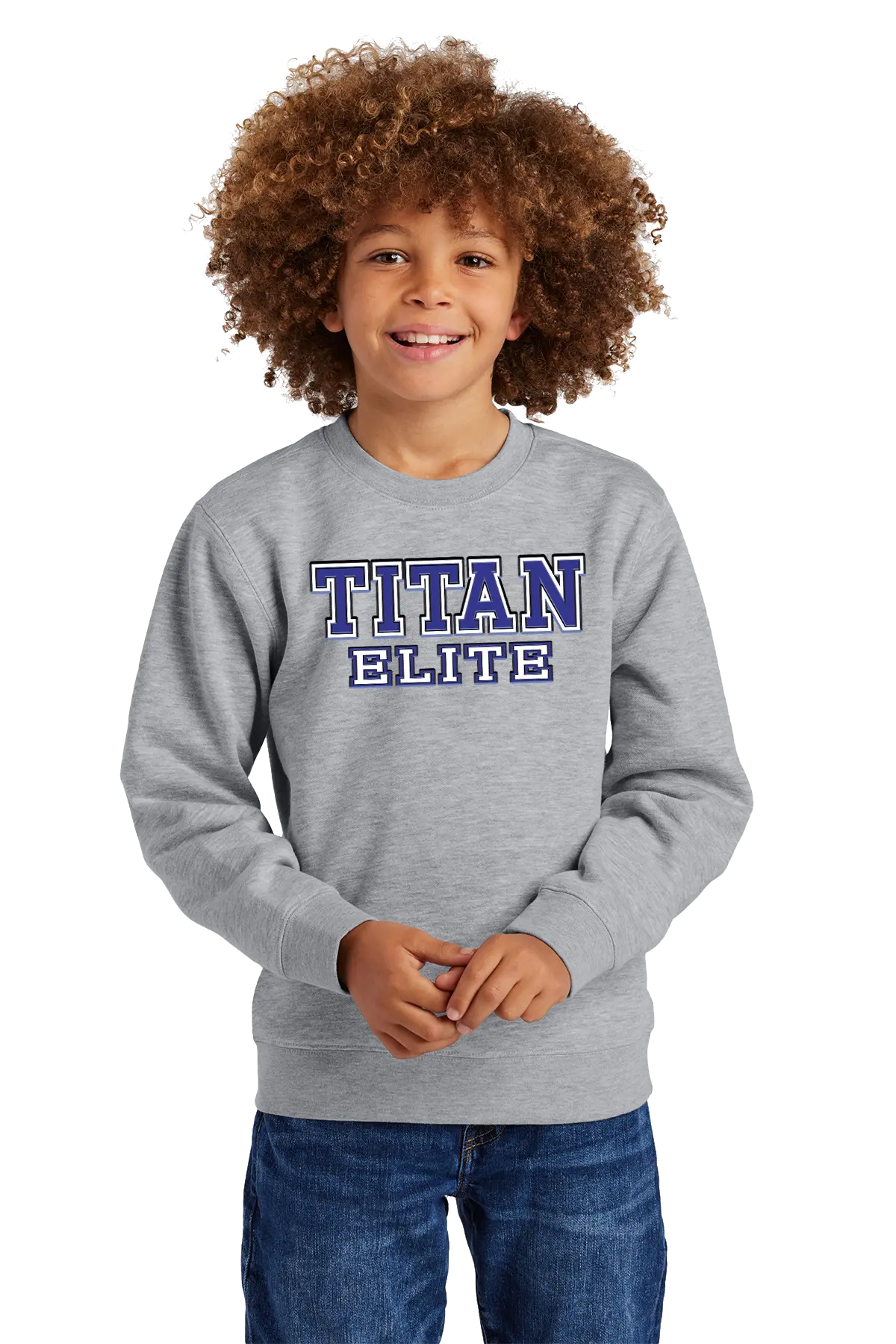 Child wearing a gray sweatshirt with 'TITAN ELITE' text on a white background. Paper Street Print Co, Blairstown, NJ.