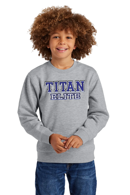 Child wearing a gray sweatshirt with 'TITAN ELITE' text on a white background. Paper Street Print Co, Blairstown, NJ.