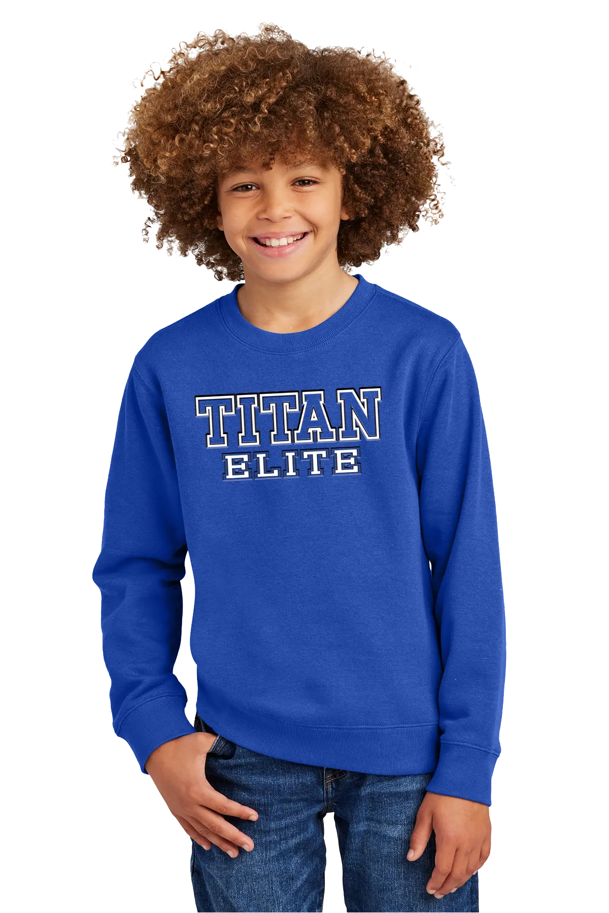 Child wearing a blue 'Titan Elite' sweatshirt on a white background. Paper Street Print Co, Blairstown, NJ.
