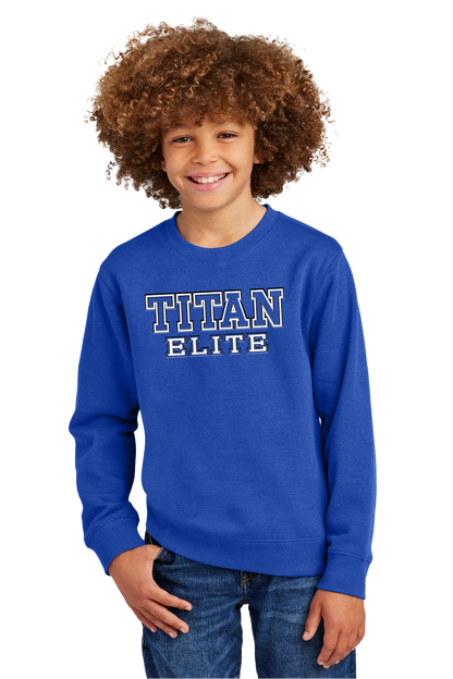 Child wearing a blue 'Titan Elite' sweatshirt on a white background. Paper Street Print Co, Blairstown, NJ.