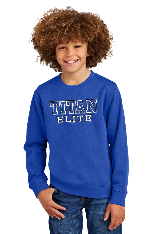 Child wearing a blue 'Titan Elite' sweatshirt on a white background. Paper Street Print Co, Blairstown, NJ.