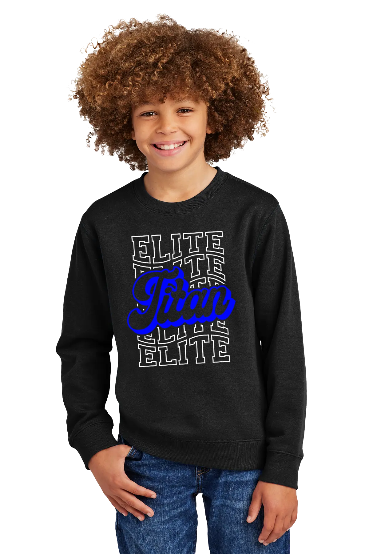 Child wearing a black sweatshirt with 'Elite' text design on a white background. Paper Street Print Co, Blairstown, NJ.