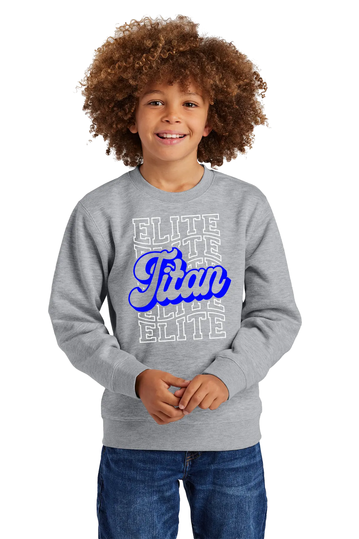 Child wearing a gray sweatshirt with 'Elite Titan' text on a white background. Paper Street Print Co, Blairstown, NJ.