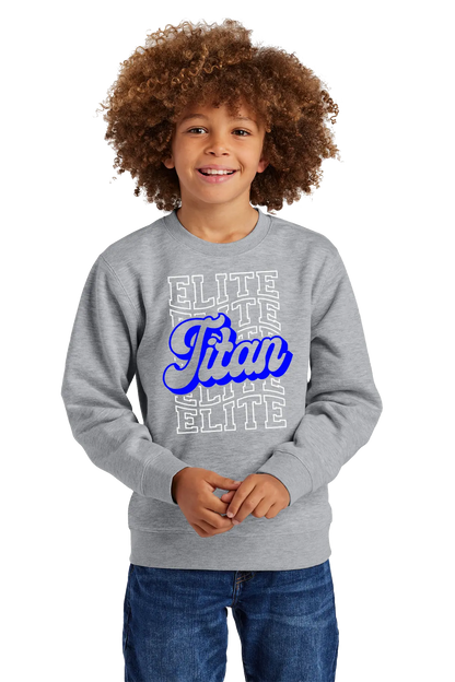 Child wearing a gray sweatshirt with 'Elite Titan' text on a white background. Paper Street Print Co, Blairstown, NJ.