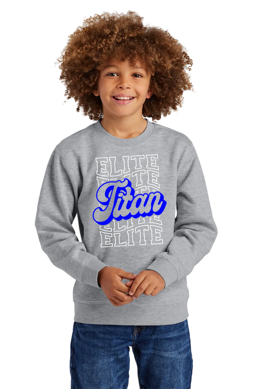 Child wearing a gray sweatshirt with 'Elite Titan' text on a white background. Paper Street Print Co, Blairstown, NJ.