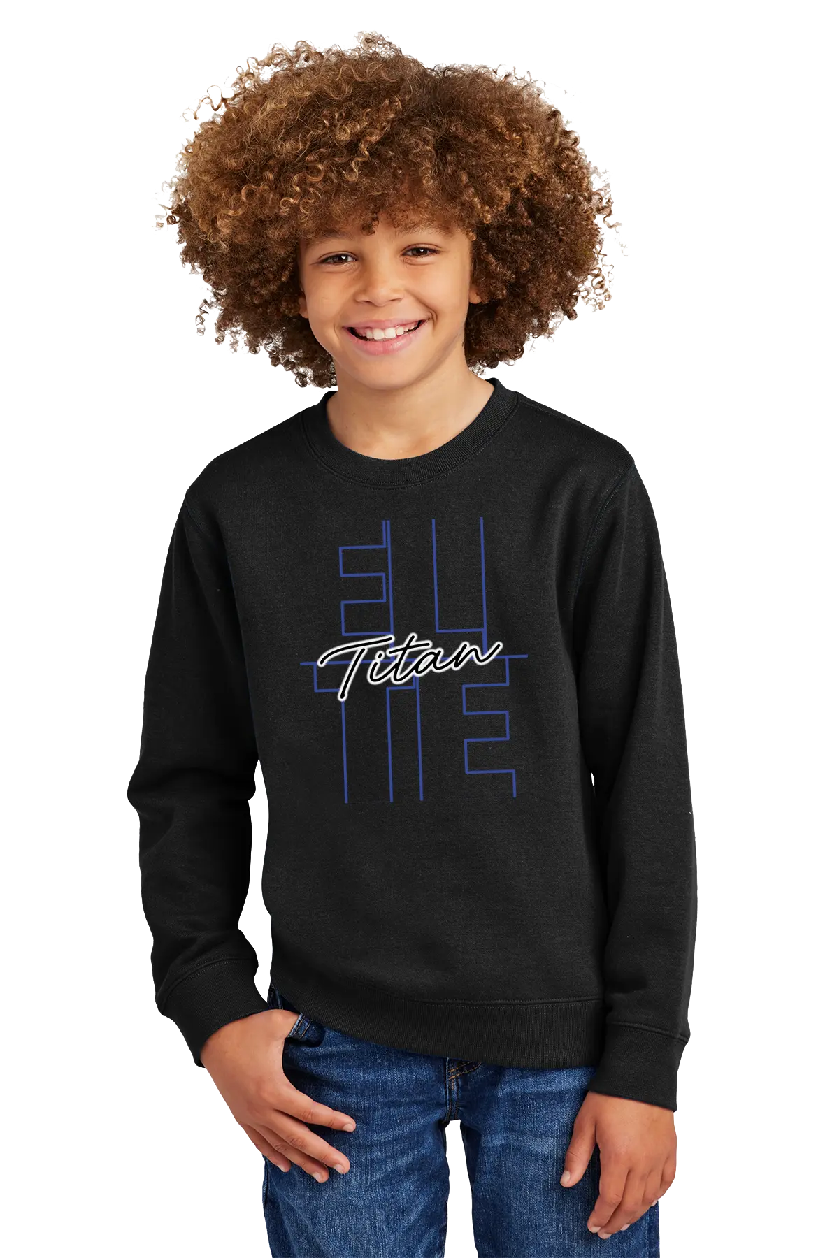 Child wearing a black sweatshirt with 'Titan' logo on a white background. Paper Street Print Co, Blairstown, NJ.