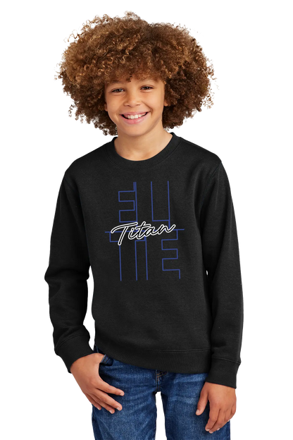 Child wearing a black sweatshirt with 'Titan' logo on a white background. Paper Street Print Co, Blairstown, NJ.