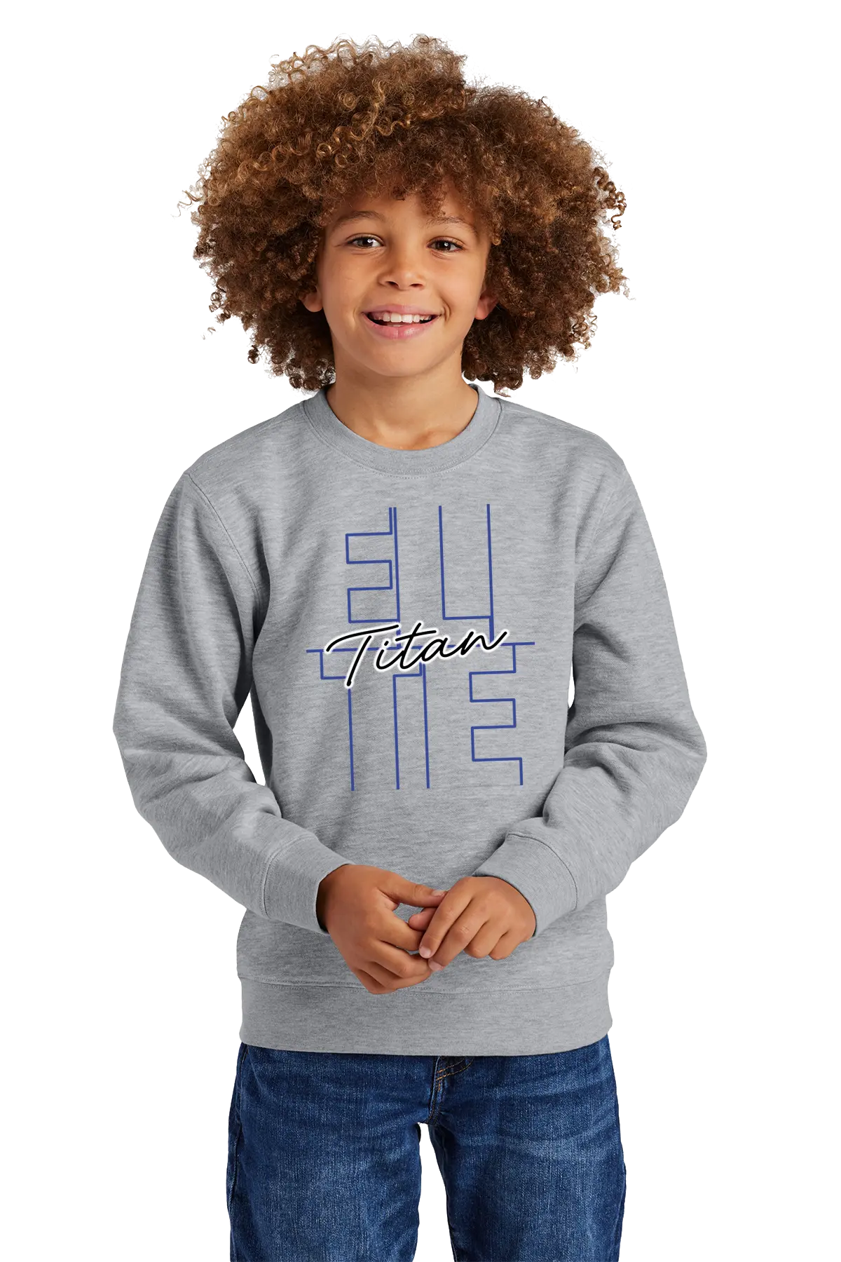 Child wearing a gray sweatshirt with 'ELITE Titan' text on a white background. Paper Street Print Co, Blairstown, NJ.