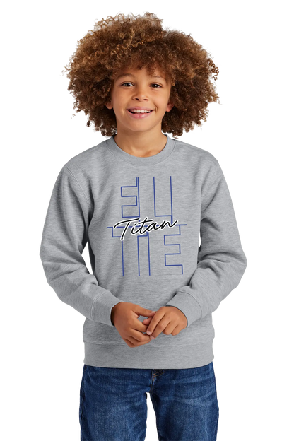 Child wearing a gray sweatshirt with 'ELITE Titan' text on a white background. Paper Street Print Co, Blairstown, NJ.