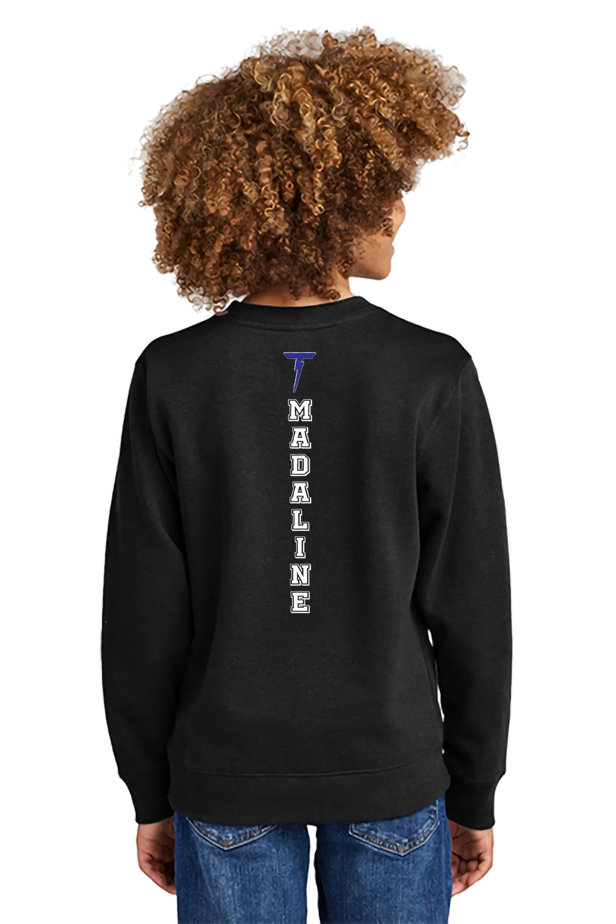 Person wearing a black sweatshirt with 'MADALINE' printed on the back, standing against a white background. Paper Street Print Co, Blairstown, NJ.