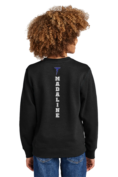 Person wearing a black sweatshirt with 'MADALINE' printed on the back, standing against a white background. Paper Street Print Co, Blairstown, NJ.