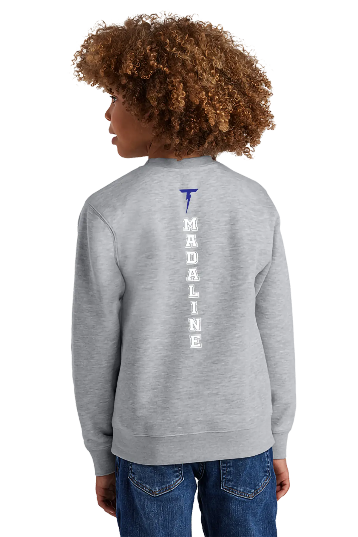 Person wearing a gray sweatshirt with 'MADALINE' printed on the back, standing against a white background. Paper Street Print Co, Blairstown, NJ.