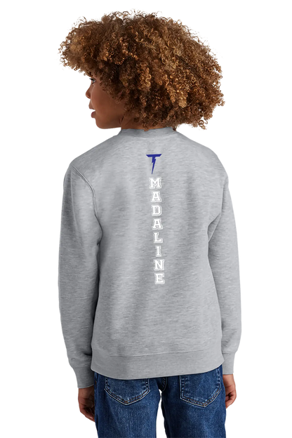 Person wearing a gray sweatshirt with 'MADALINE' printed on the back, standing against a white background. Paper Street Print Co, Blairstown, NJ.