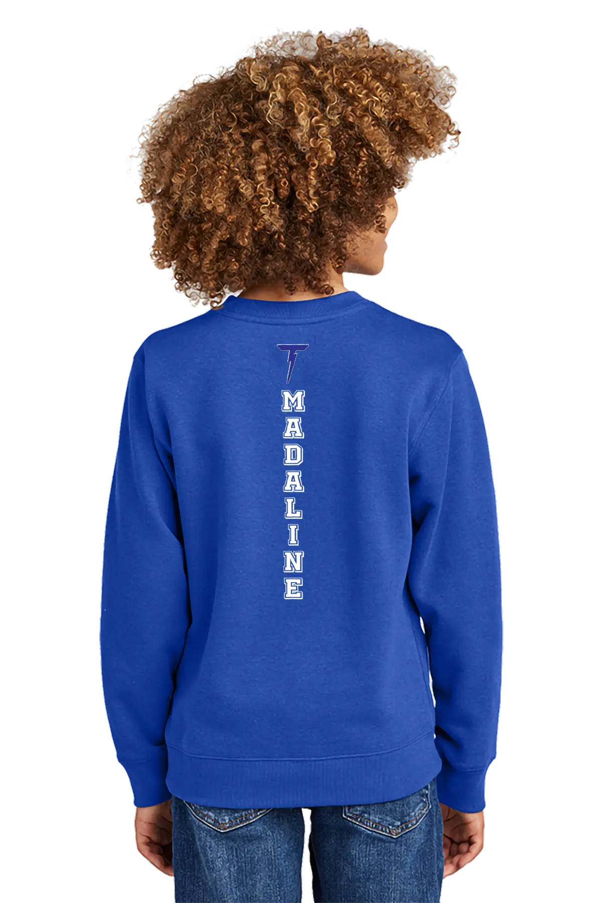 Child wearing a blue sweatshirt with 'MADALINE' printed on the back against a white background. Paper Street Print Co, Blairstown, NJ.