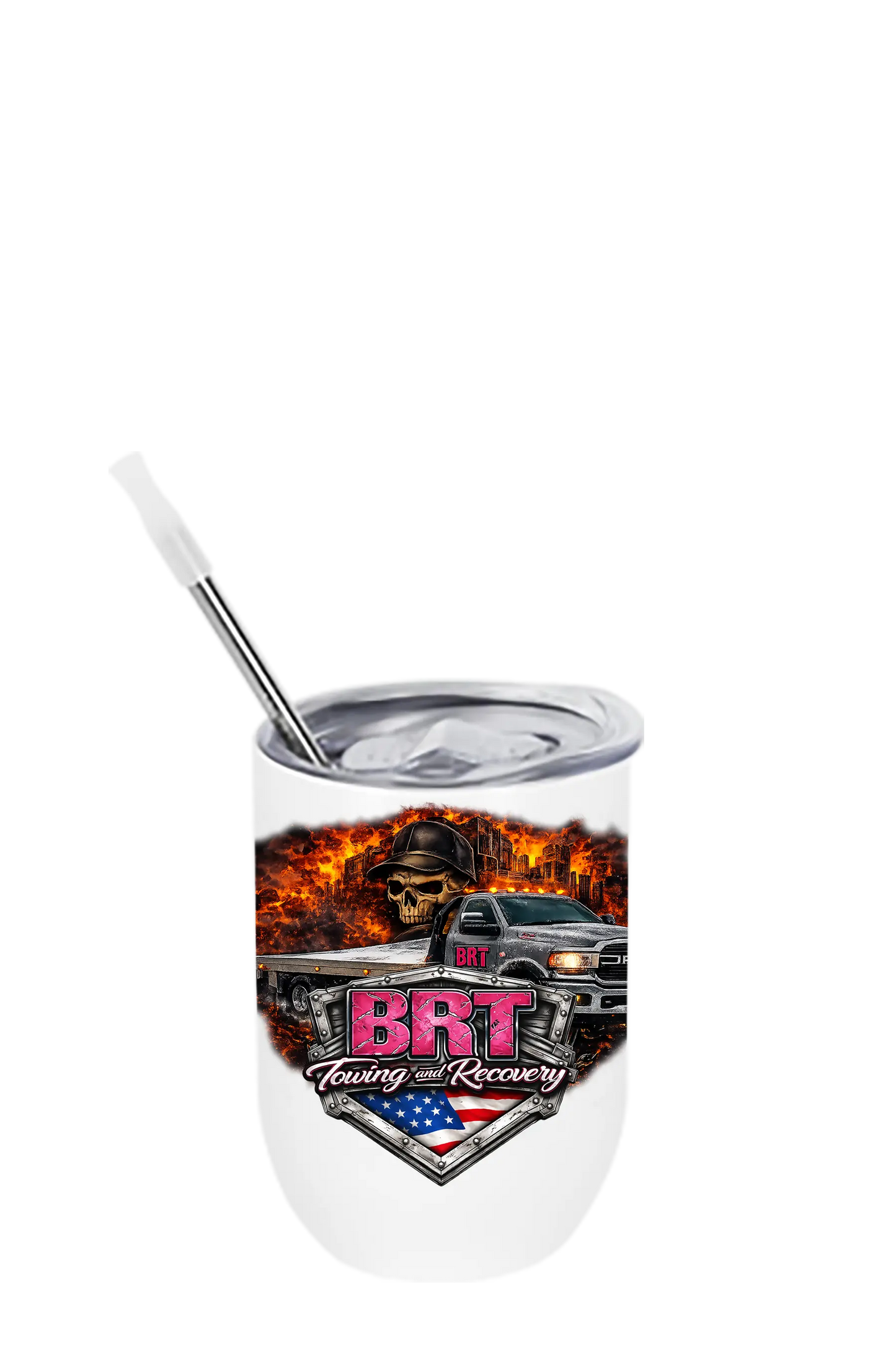 Tumbler with BRT Towing and Recovery logo and graphics on a white background. BRT Towing and Recovery, Paper Street Print Co, Blairstown, NJ.