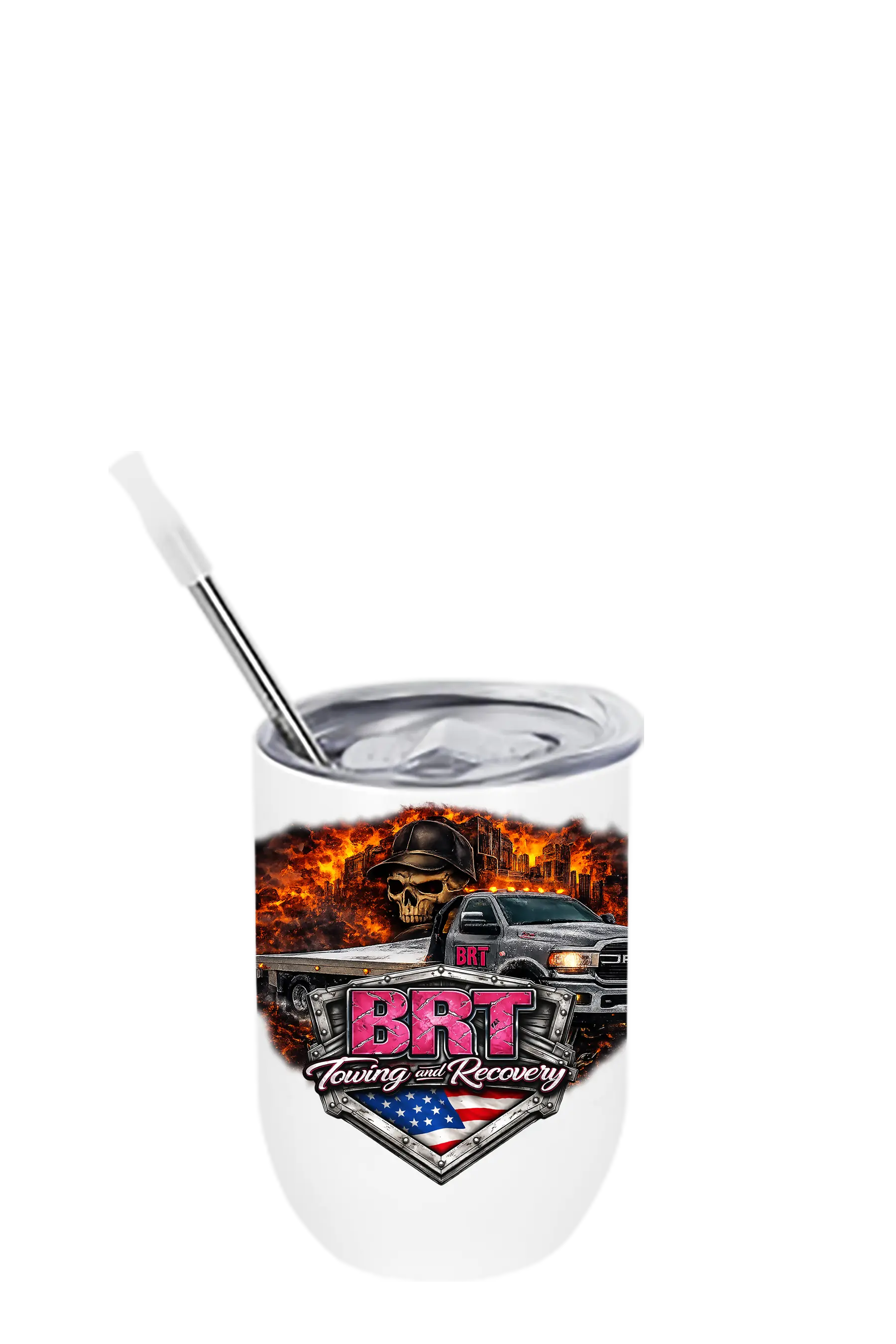 Tumbler with BRT Towing and Recovery logo and graphics on a white background. BRT Towing and Recovery, Paper Street Print Co, Blairstown, NJ.