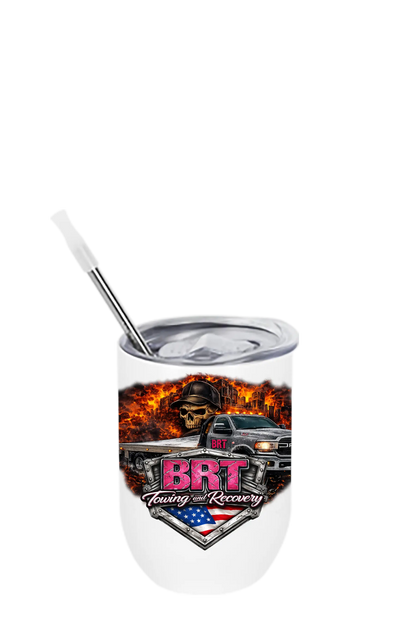 Tumbler with BRT Towing and Recovery logo and graphics on a white background. BRT Towing and Recovery, Paper Street Print Co, Blairstown, NJ.