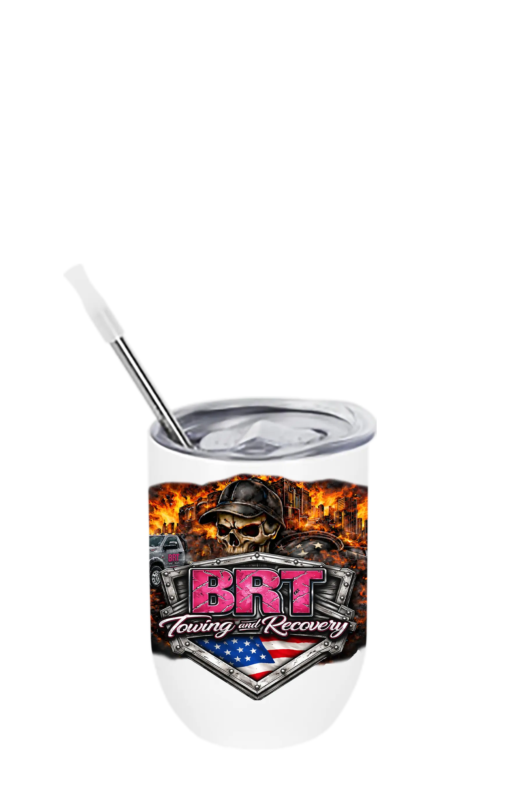 Tumbler with BRT Towing and Recovery logo on a white background. BRT Towing and Recovery, Paper Street Print Co, Blairstown, NJ.