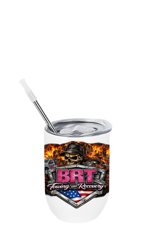 Tumbler with BRT Towing and Recovery logo on a white background. BRT Towing and Recovery, Paper Street Print Co, Blairstown, NJ.