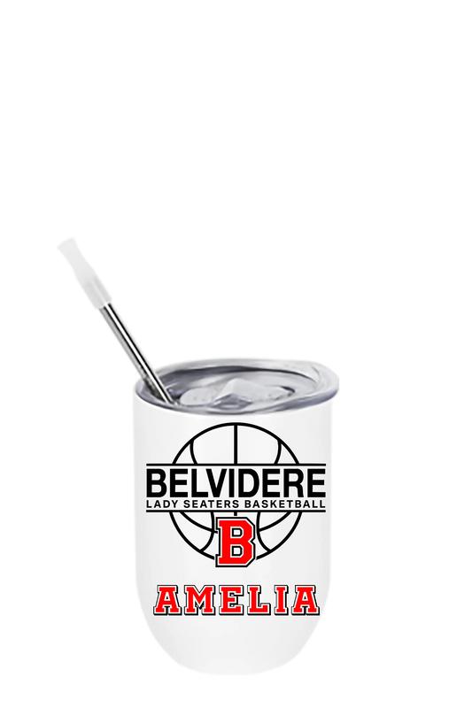 A white insulated stainless steel tumbler with a clear lid and metal straw, featuring a custom 'Belvidere Lady Seaters Basketball' graphic with a red 'B' logo and the name 'Amelia' in red. . Paper Street Print Co, Blairstown, NJ. 
