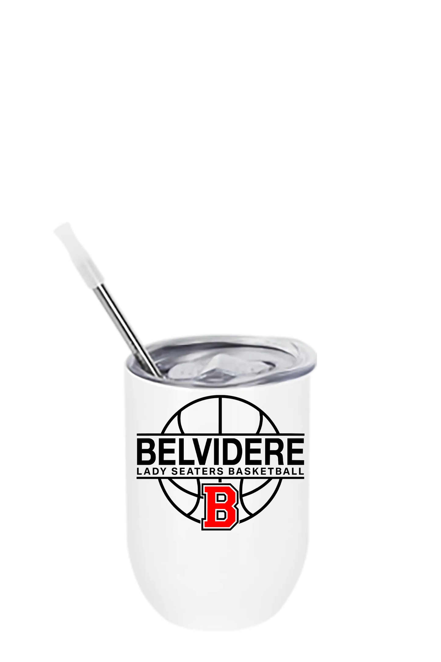 A white insulated can-shaped tumbler with a silver metal straw, featuring the Belvidere Lady Seaters Basketball logo printed on the front. Paper Street Print Co, Blairstown, NJ. 