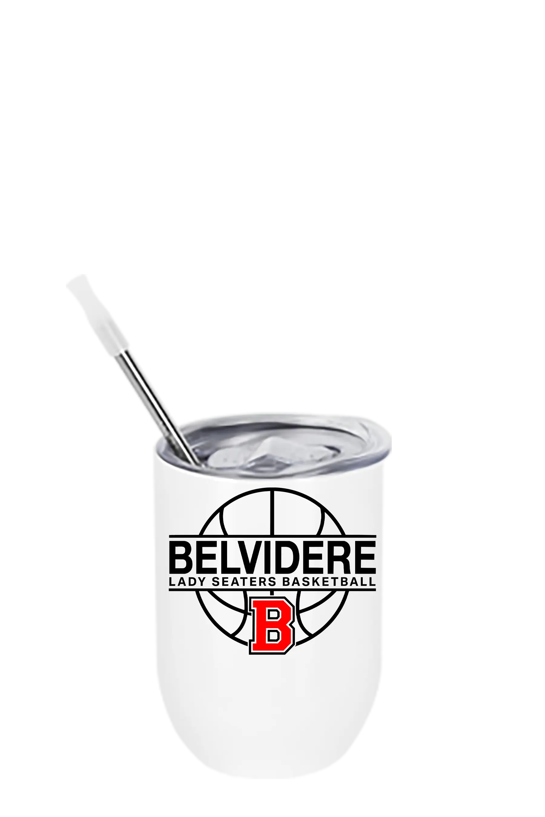 A white insulated can-shaped tumbler with a silver metal straw, featuring the Belvidere Lady Seaters Basketball logo printed on the front. Paper Street Print Co, Blairstown, NJ. 