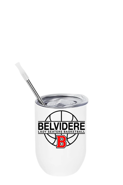 A white insulated can-shaped tumbler with a silver metal straw, featuring the Belvidere Lady Seaters Basketball logo printed on the front. Paper Street Print Co, Blairstown, NJ. 