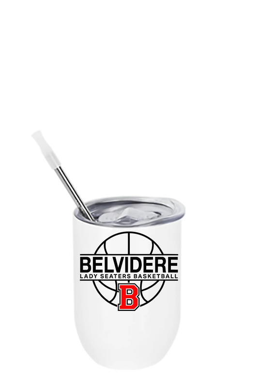A white insulated can-shaped tumbler with a silver metal straw, featuring the Belvidere Lady Seaters Basketball logo printed on the front. Paper Street Print Co, Blairstown, NJ. 