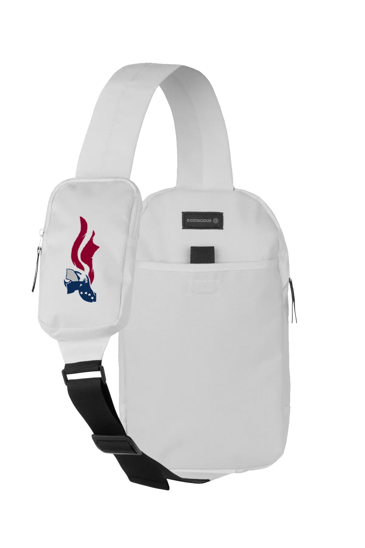 White sling bag with a logo on a white background. Paper Street Print Co, Blairstown, NJ.