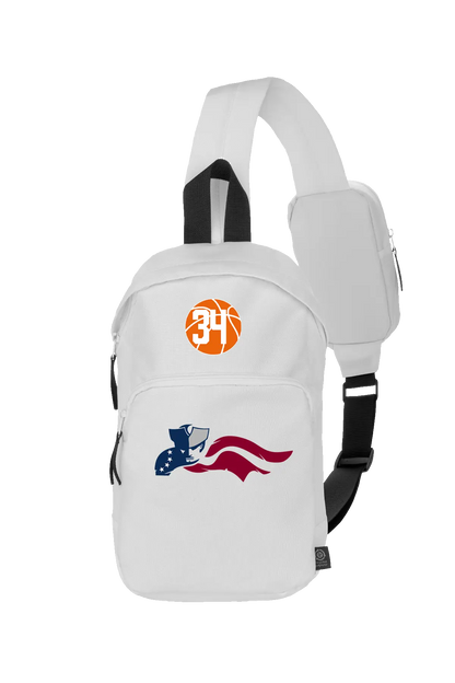 White sling bag with basketball player number 34 and American flag design on a white background. Paper Street Print Co, Blairstown, NJ.