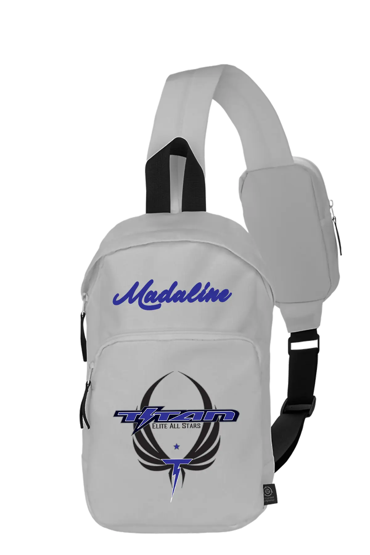 Gray sling bag with 'Madaline' and logo on a white background. Paper Street Print Co, Blairstown, NJ.