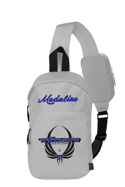 Gray sling bag with 'Madaline' and logo on a white background. Paper Street Print Co, Blairstown, NJ.