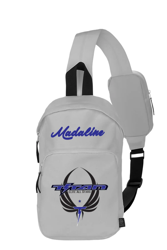 Gray sling bag with 'Madaline' and logo on a white background. Paper Street Print Co, Blairstown, NJ.