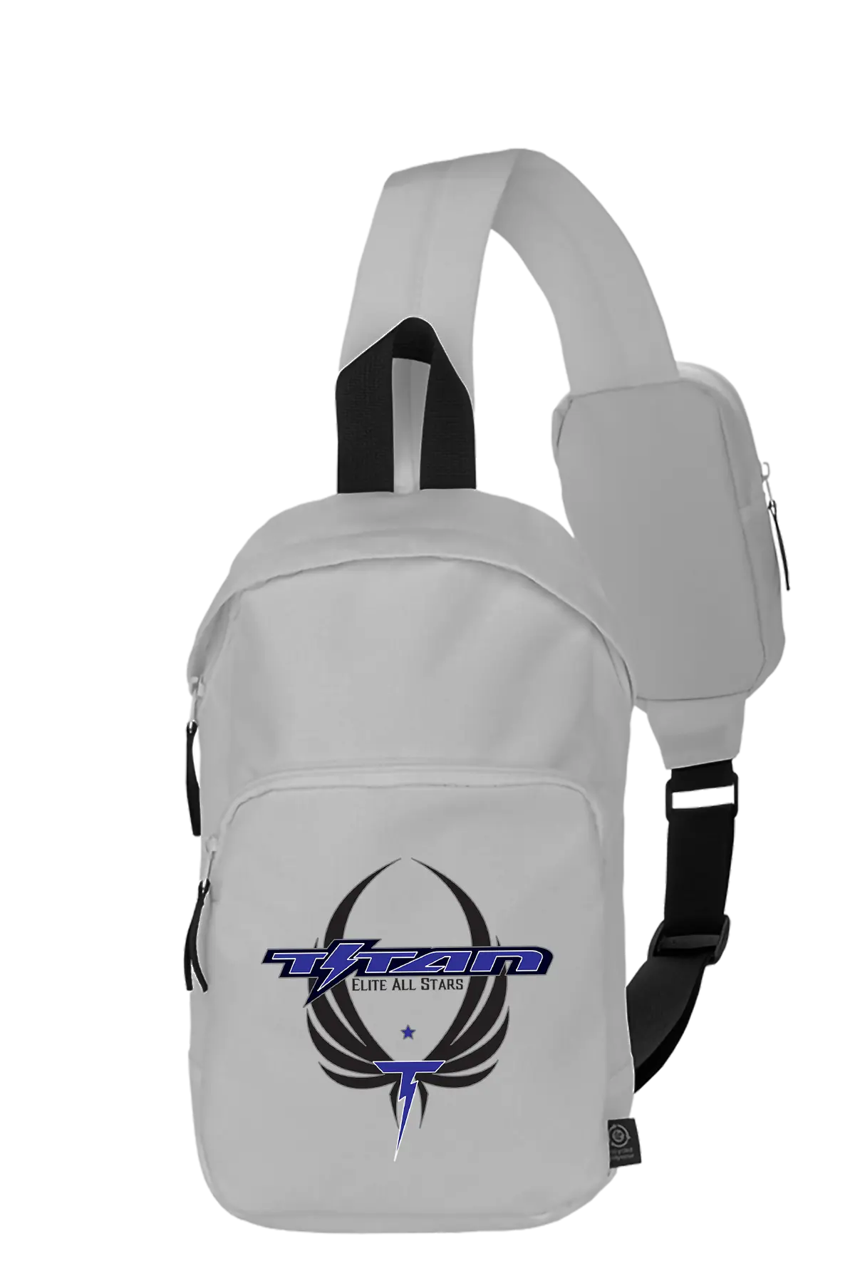 Gray sling bag with a logo on a white background. Paper Street Print Co, Blairstown, NJ.