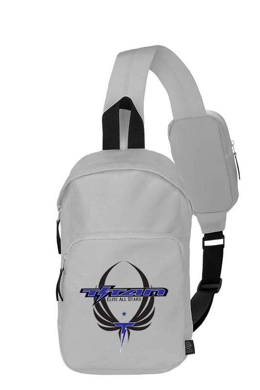 Gray sling bag with a logo on a white background. Paper Street Print Co, Blairstown, NJ.