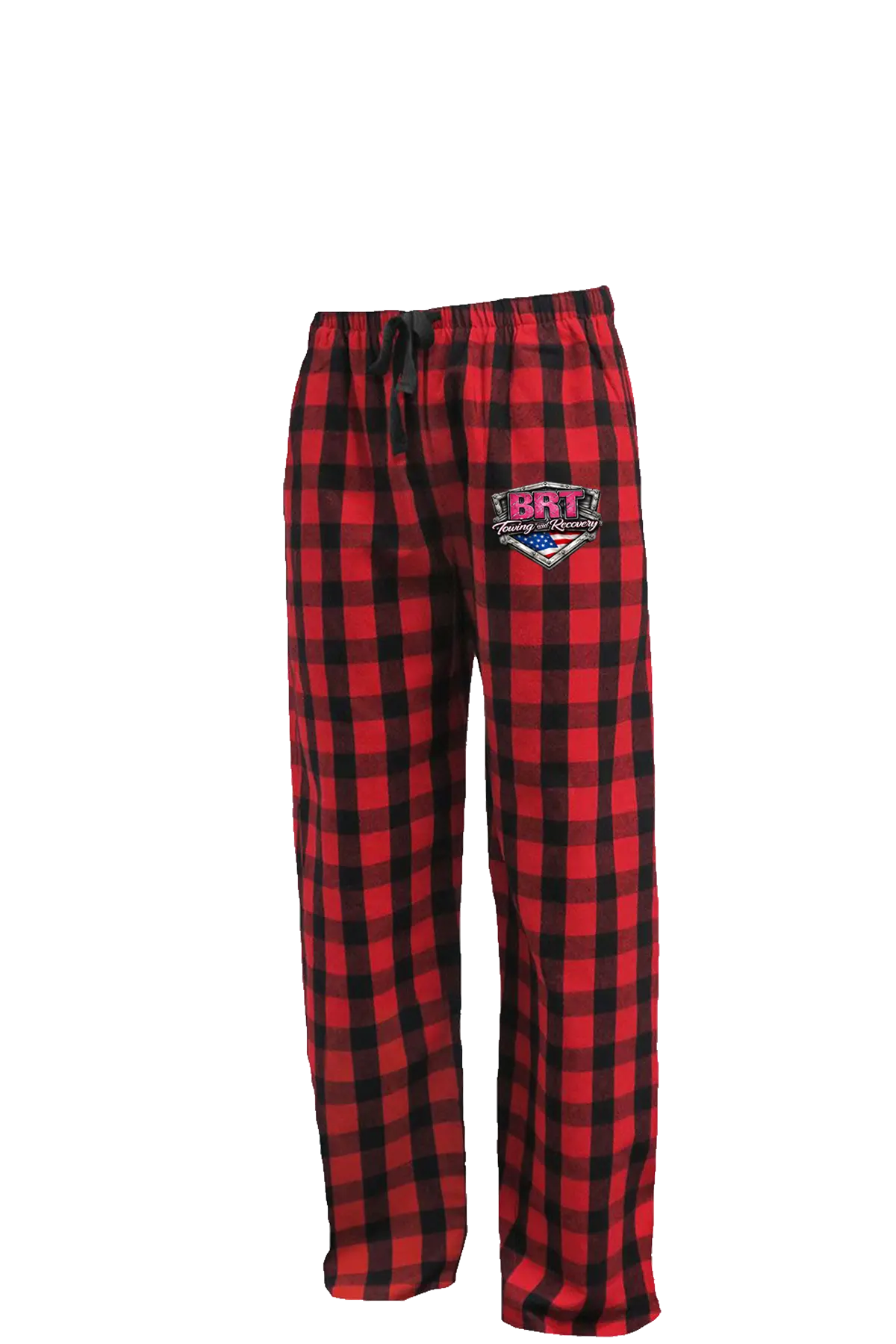Red and black plaid pajama pants with a logo on a white background BRT Towing and Recovery, Paper Street Print Co, Blairstown, NJ.