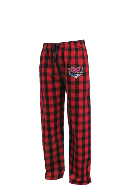 Red and black plaid pajama pants with a logo on a white background BRT Towing and Recovery, Paper Street Print Co, Blairstown, NJ.