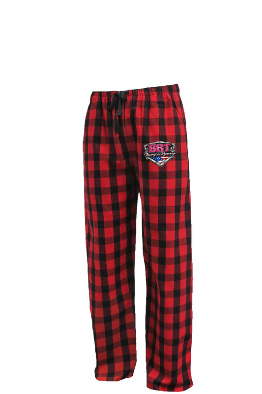 Red and black plaid pajama pants with a logo on a white background BRT Towing and Recovery, Paper Street Print Co, Blairstown, NJ.