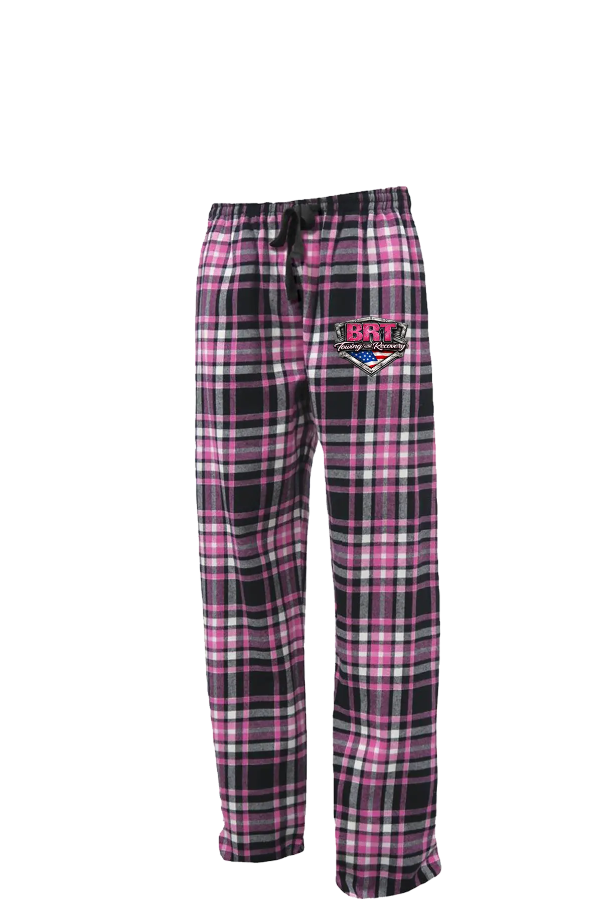Plaid pajama pants with a logo on a white background. BRT Towing and Recovery, Paper Street Print Co, Blairstown, NJ.