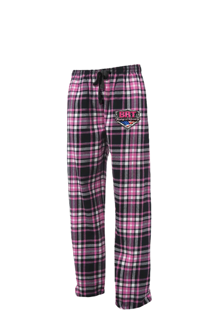 Plaid pajama pants with a logo on a white background. BRT Towing and Recovery, Paper Street Print Co, Blairstown, NJ.