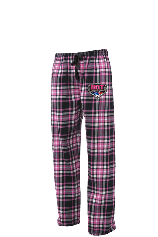 Plaid pajama pants with a logo on a white background. BRT Towing and Recovery, Paper Street Print Co, Blairstown, NJ.