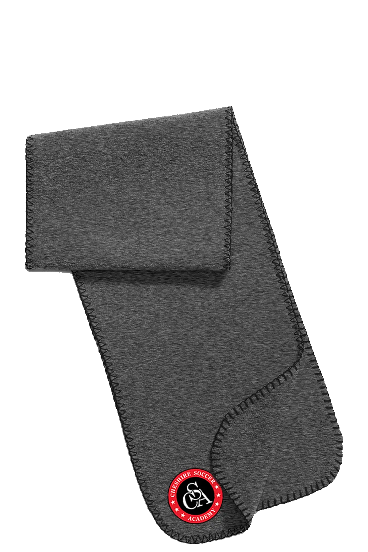 Gray scarf with a red and white logo on a white background. Paper Street Print Co, Blairstown, NJ.